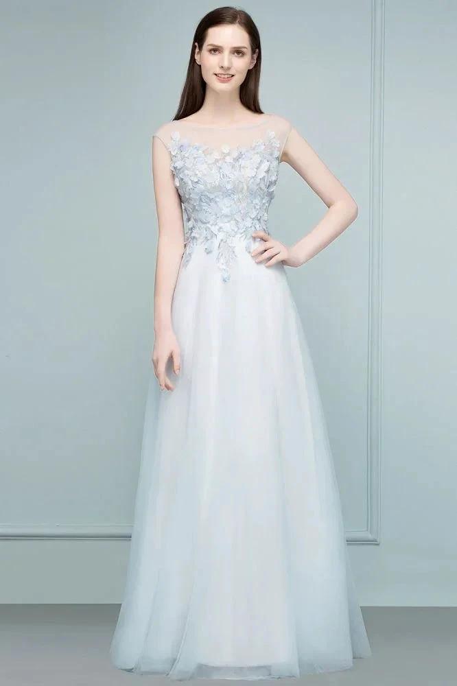Floor Length A-line Sleeveless Appliqued Flowers Tulle Prom Dresses
