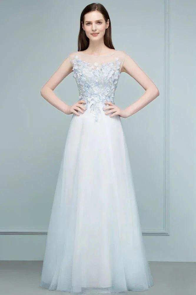 Floor Length A-line Sleeveless Appliqued Flowers Tulle Prom Dresses