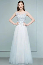 Floor Length A-line Sleeveless Appliqued Flowers Tulle Prom Dresses