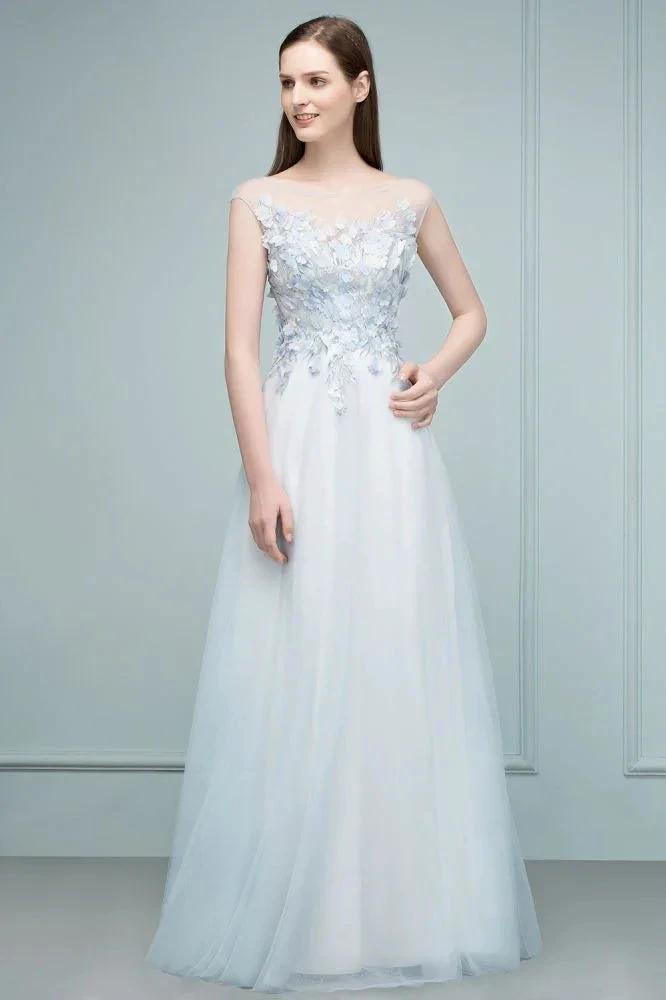 Floor Length A-line Sleeveless Appliqued Flowers Tulle Prom Dresses