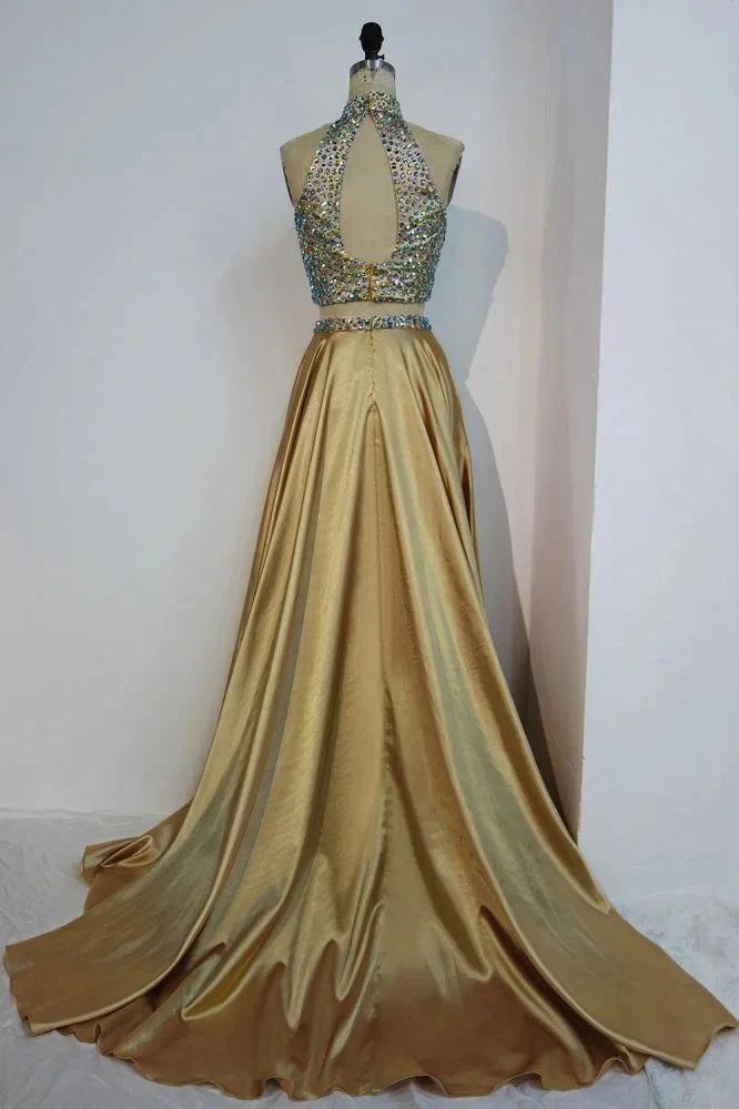 Floor Length A-line Two-piece Halter Prom Dresses with Crystals
