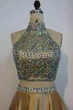 Floor Length A-line Two-piece Halter Prom Dresses with Crystals