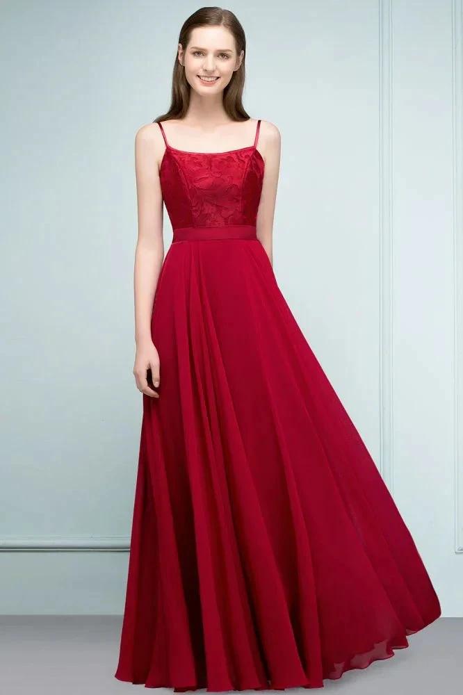 Floor Length Lace Appliques A-line Spaghetti Prom Dresses