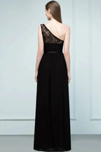 Floor Length Lace Chiffon A-line One-shoulder Bridesmaid Dresses with Sash
