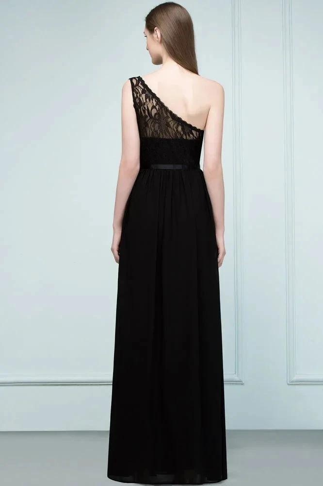 Floor Length Lace Chiffon A-line One-shoulder Bridesmaid Dresses with Sash