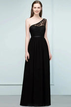 Floor Length Lace Chiffon A-line One-shoulder Bridesmaid Dresses with Sash