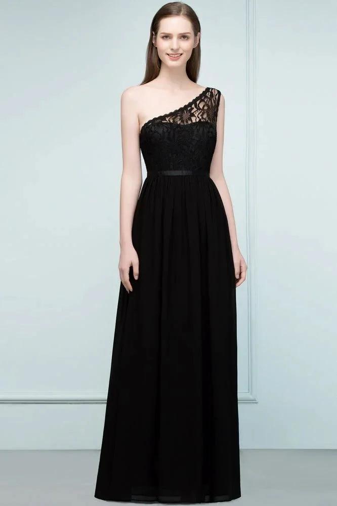 Floor Length Lace Chiffon A-line One-shoulder Bridesmaid Dresses with Sash