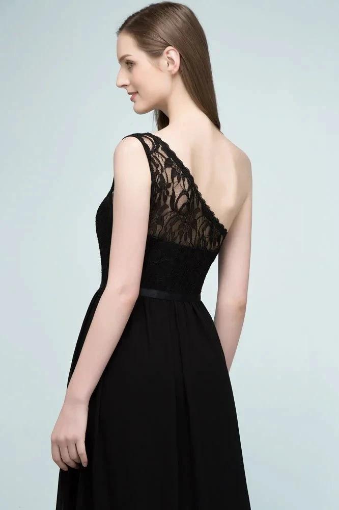 Floor Length Lace Chiffon A-line One-shoulder Bridesmaid Dresses with Sash