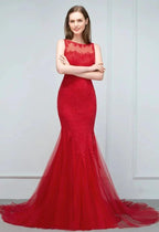Floor Length Mermaid Illusion Neckline Sleeveless Tulle Lace Prom Dresses
