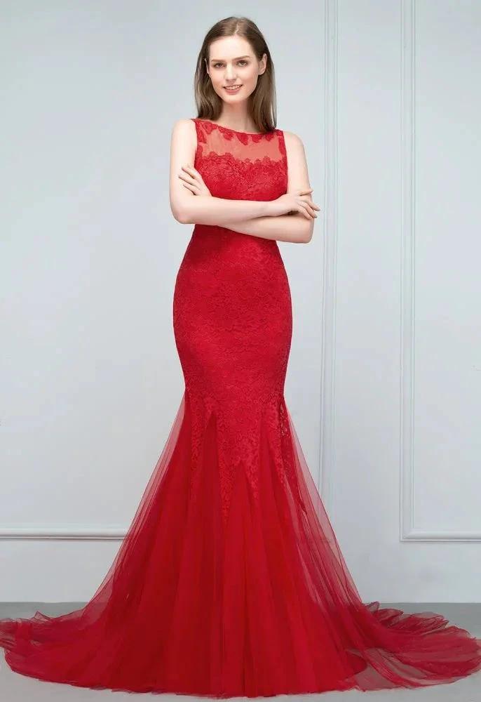Floor Length Mermaid Illusion Neckline Sleeveless Tulle Lace Prom Dresses