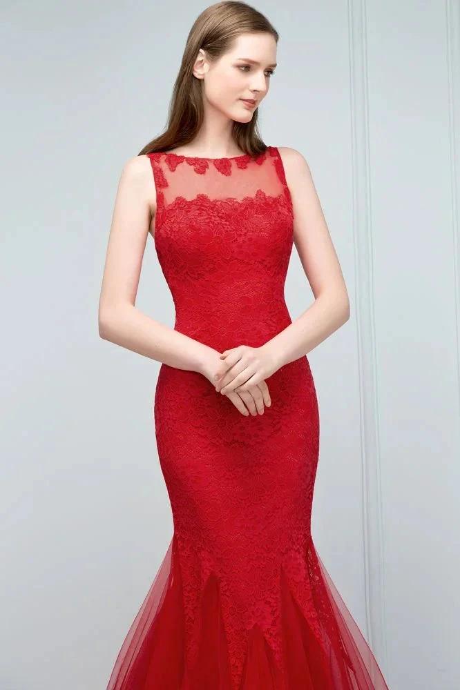 Floor Length Mermaid Illusion Neckline Sleeveless Tulle Lace Prom Dresses