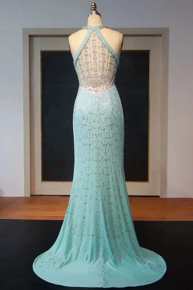 Floor Length Sheath Halter Sequined Back Prom Dresses