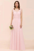 Floral Lace Bridesmaid Dress Pink A-line Wedding Party Dress