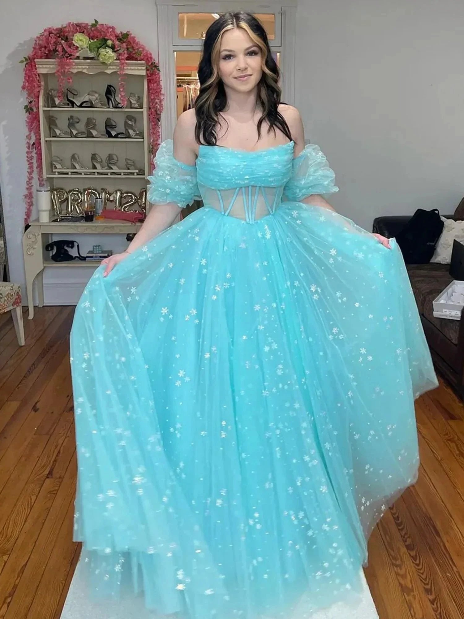 Francis | Aqua Blue Strapless A Line Tulle Starry Long Prom Dress