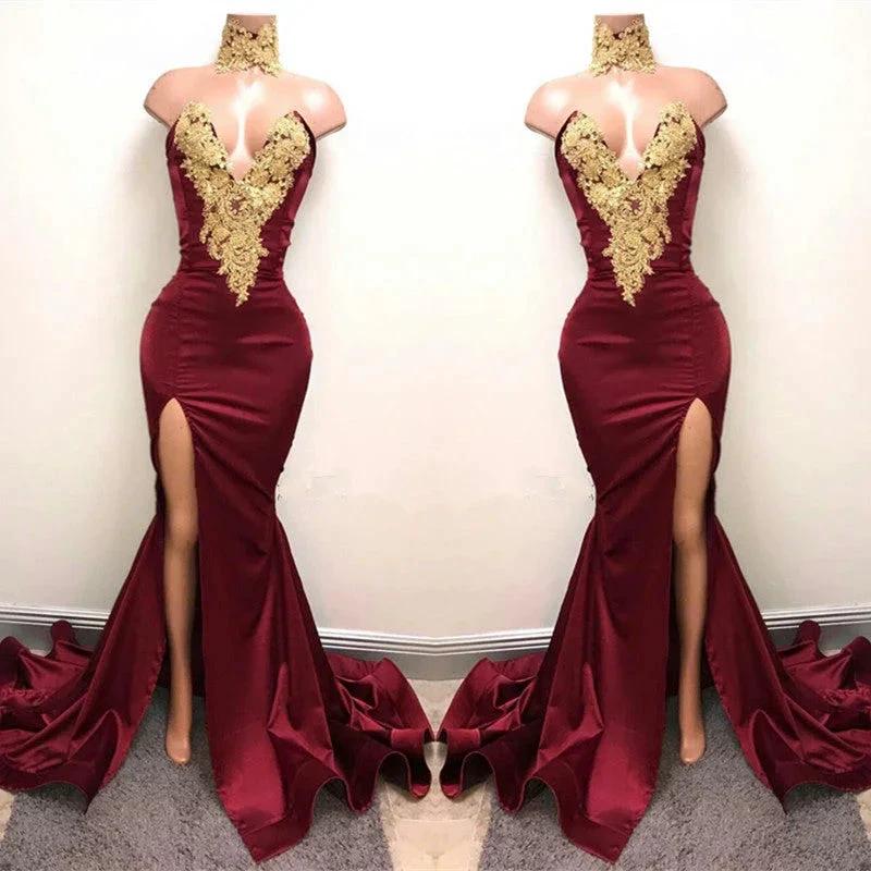 Front-Split High Neck Mermaid Burgundy Lace Appliques Prom Dresses