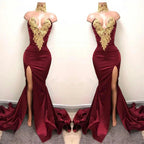 Front-Split High Neck Mermaid Burgundy Lace Appliques Prom Dresses