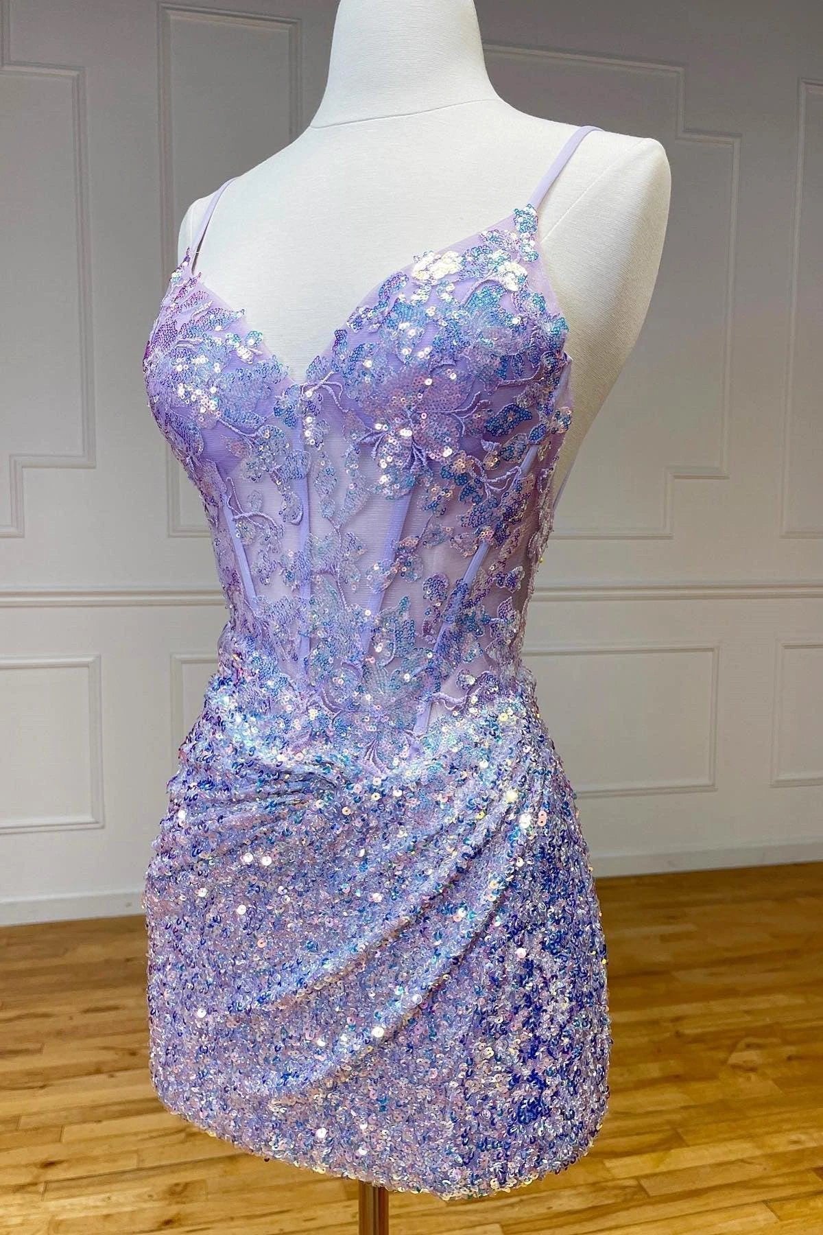 Sparkle Appliques Sequin Lilac Homecoming Lace-up Dress