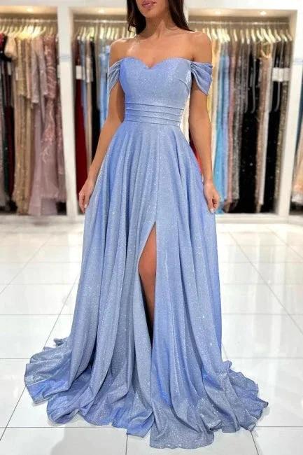 Glamorous Blue Long Glitter Off-the-shoulder Sleeveless Evening Dresses With Slit