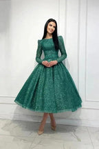 Glamorous Dark Green A-line Sequined Ankle Length Prom Dress with Long Sleeves