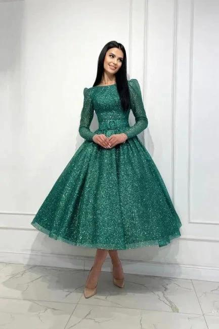 Glamorous Dark Green A-line Sequined Ankle Length Prom Dress with Long Sleeves