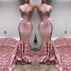 Glamorous Halter Mermaid Pink Prom Dress Lace With 3D-Floral Flowers Bottom