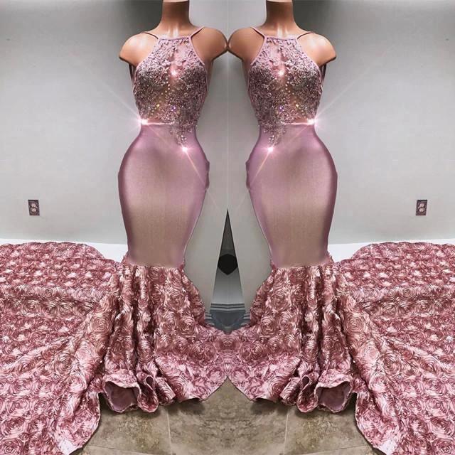 Glamorous Halter Mermaid Pink Prom Dress Lace With 3D-Floral Flowers Bottom