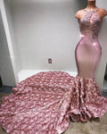 Glamorous Halter Mermaid Pink Prom Dress Lace With 3D-Floral Flowers Bottom
