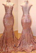 Glamorous High-Neck Sleeveless Sequins Mermaid Long Sequins Evening Gowns