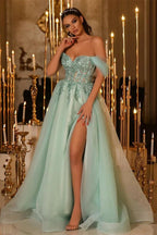 Glamorous Long A-line Off-the-shoulder Lace Beading Prom Dress With Slit