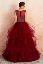 Glamorous Long Ball Gown V-neck Tulle Burgundy Prom Dress