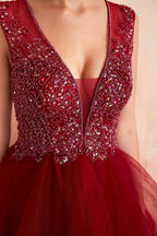 Glamorous Long Ball Gown V-neck Tulle Burgundy Prom Dress