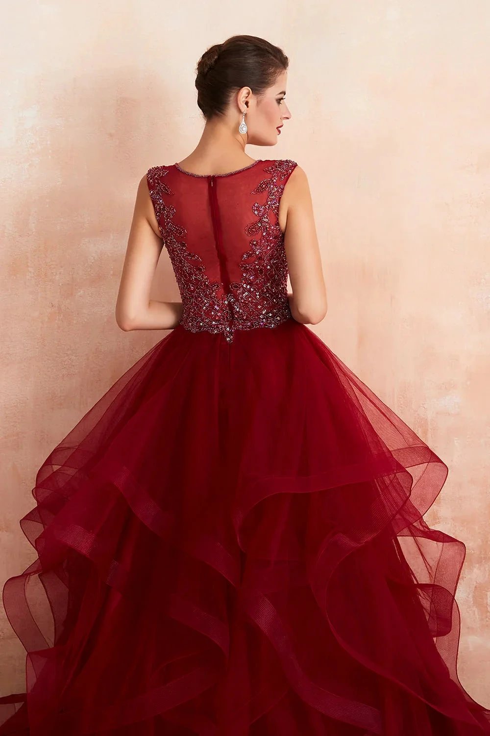 Glamorous Long Ball Gown V-neck Tulle Burgundy Prom Dress