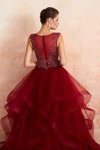 Glamorous Long Ball Gown V-neck Tulle Burgundy Prom Dress