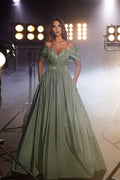 Glamorous Long Dusty Sage A-line Off-the-shoulder Beading Sequined Prom Dress
