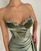 Glamorous Long Green Strapless Velvet Prom Dress With Slit