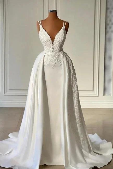 Glamorous Long Ivory A-line V-neck Sleeveless Lace Wedding Dress