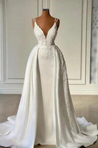 Glamorous Long Ivory A-line V-neck Sleeveless Lace Wedding Dress