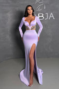 Glamorous Long Lilac Mermaid Beading Long Sleeves Prom Dress With Slit