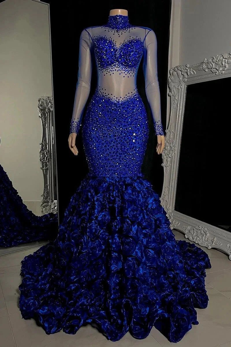 Glamorous Long Mermaid High Neck Flowers Sequined Prom Dress With Long Sleeves