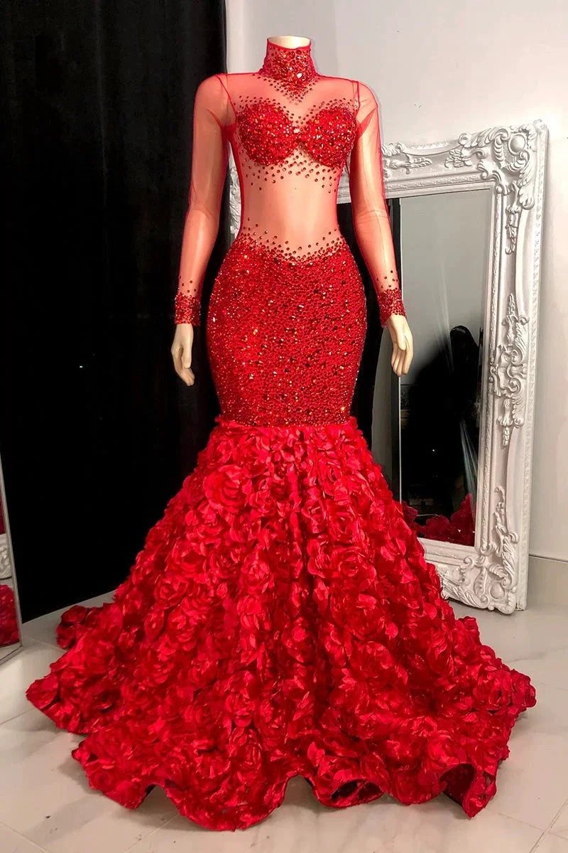Glamorous Long Mermaid High Neck Flowers Sequined Prom Dress With Long Sleeves
