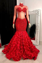 Glamorous Long Mermaid High Neck Flowers Sequined Prom Dress With Long Sleeves