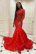 Glamorous Long Mermaid High Neck Flowers Sequined Prom Dress With Long Sleeves