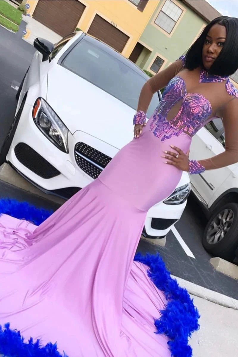 Glamorous Long Mermaid Lace Satin Prom Dress With Long Sleeves