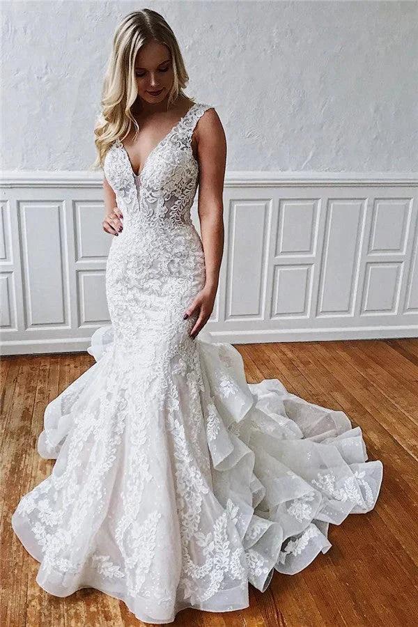 Glamorous Long Mermaid Straps Ruffled Lace Wedding Dresses