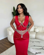 Glamorous Long Mermaid V-neck Rhinestones Sleeveless Prom Dress