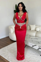 Glamorous Long Mermaid V-neck Rhinestones Sleeveless Prom Dress