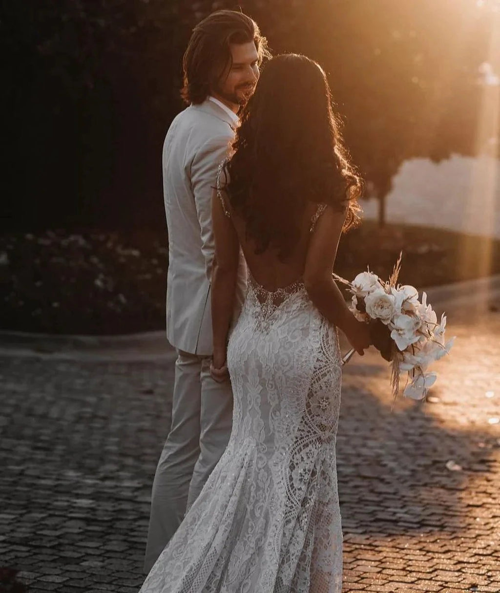 Glamorous Long Mermaid V-neck Wide Straps Appliques Lace Open Back Wedding Dress
