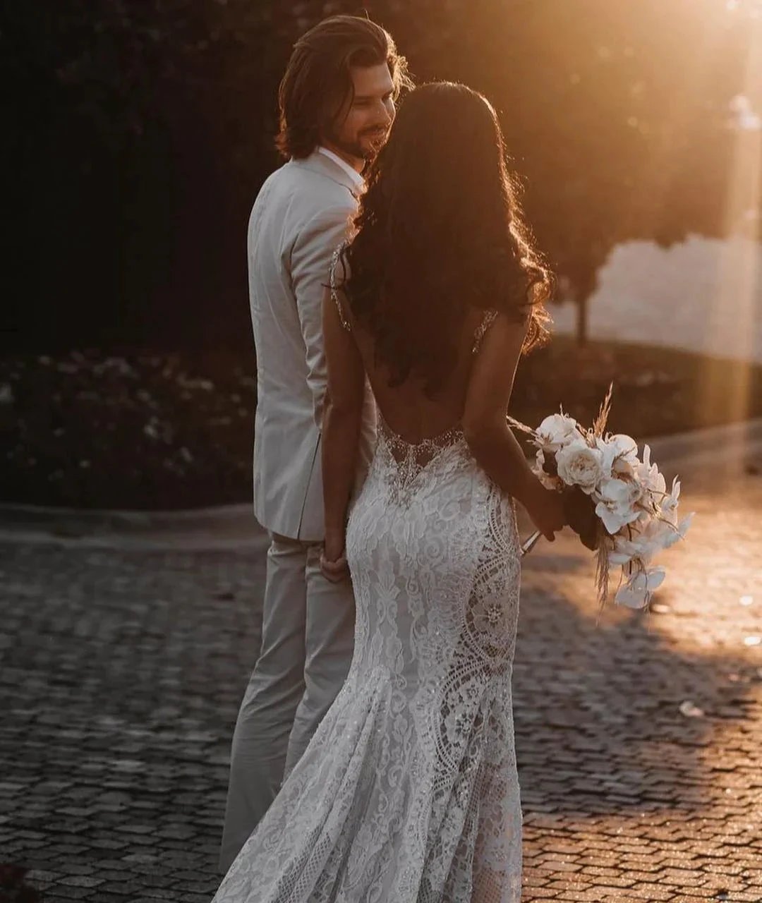 Glamorous Long Mermaid V-neck Wide Straps Appliques Lace Open Back Wedding Dress