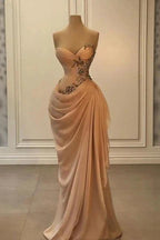 Glamorous Long Peach Strapless Sweetheart Satin Chiffon Sleeveless Prom Dress with Beads