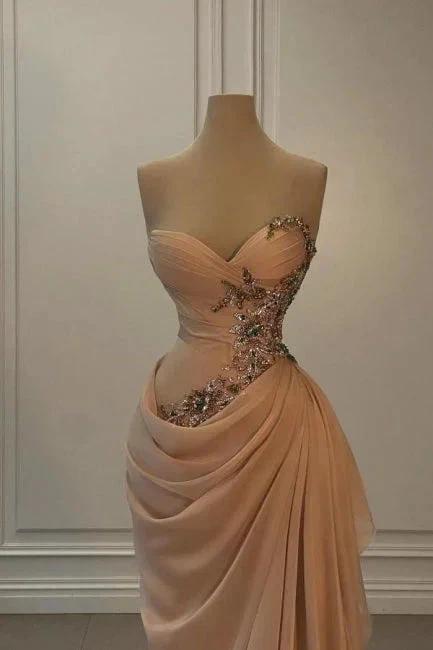 Glamorous Long Peach Strapless Sweetheart Satin Chiffon Sleeveless Prom Dress with Beads